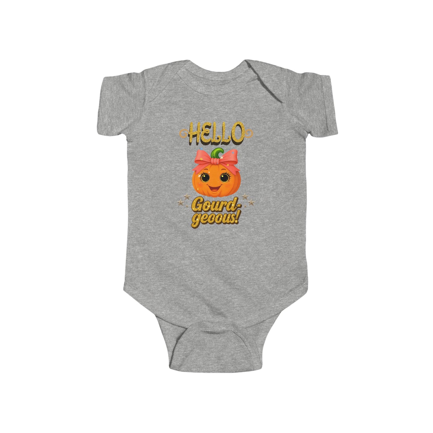 Seasonal pumpkin baby onesie with text Hello Gourd-geous – fall baby shower gift idea