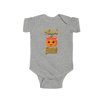 Seasonal pumpkin baby onesie with text Hello Gourd-geous – fall baby shower gift idea