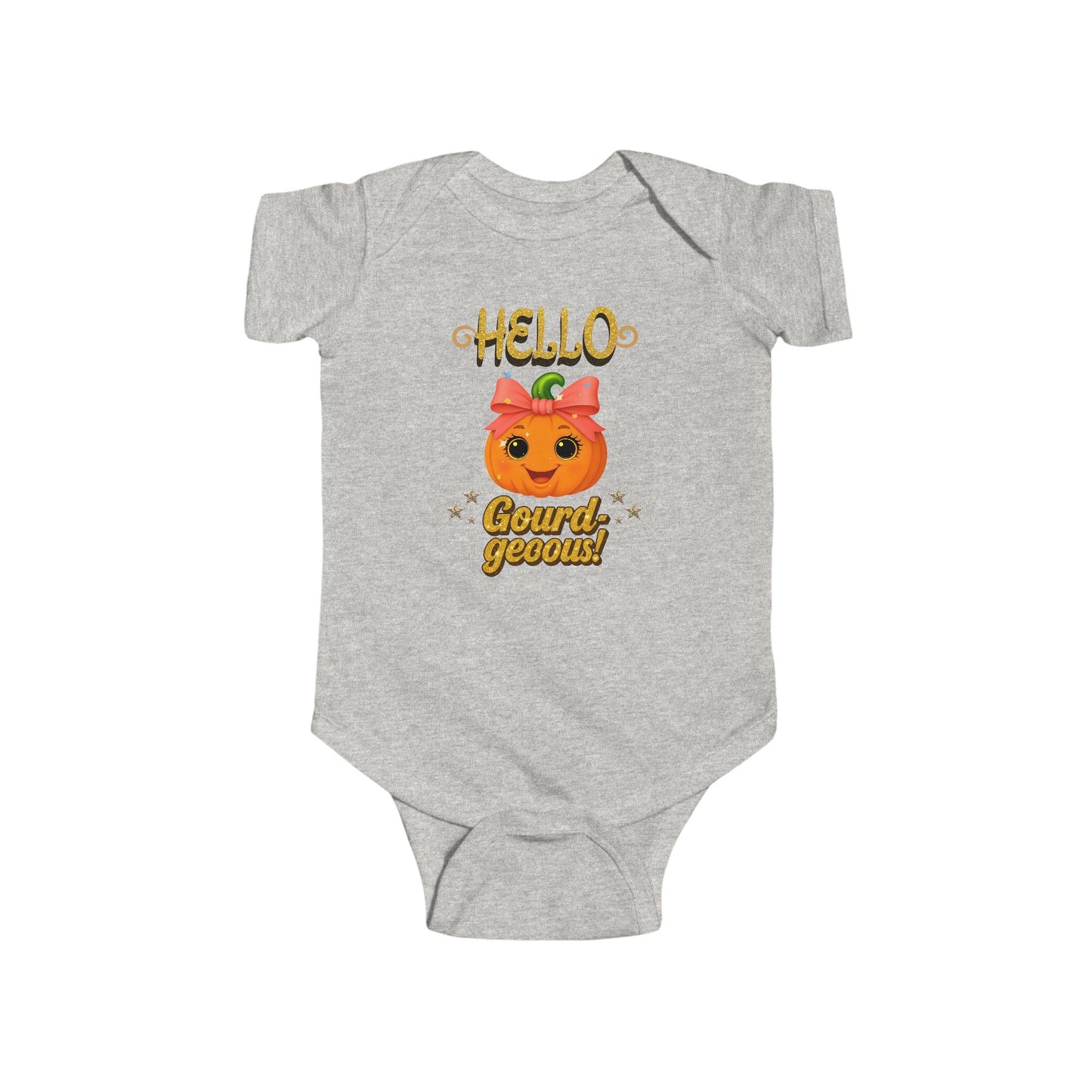 Gray baby onesie with a pumpkin design and text on a white background.
