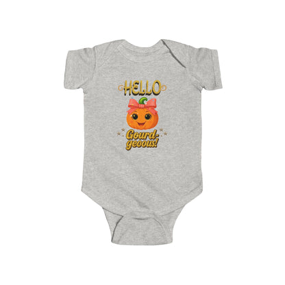 Gray baby onesie with a pumpkin design and text on a white background.