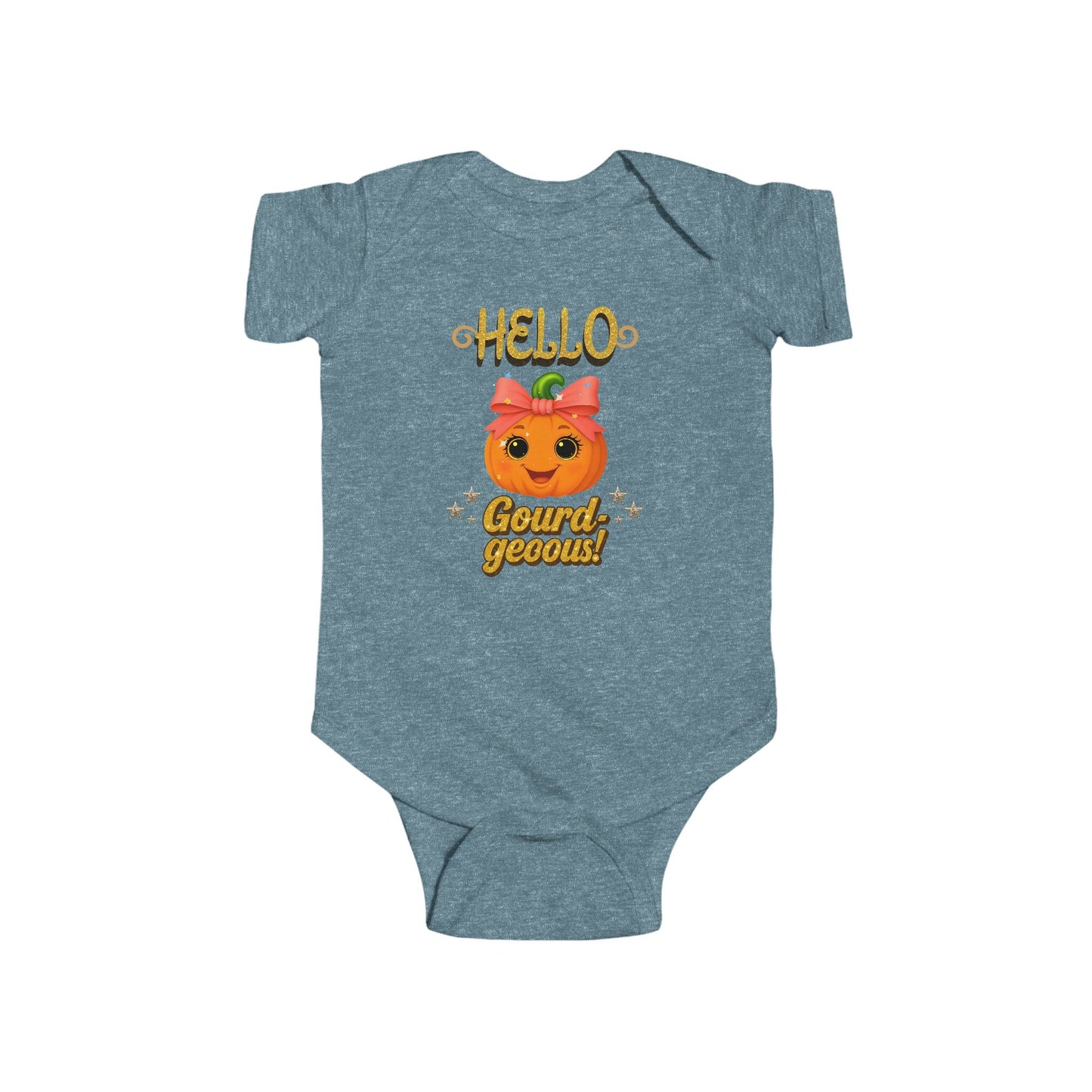 Vintage Indigo baby onesie with a pumpkin design and text on a white background.