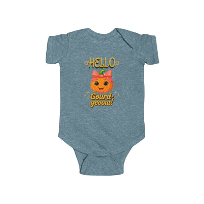 Vintage Indigo baby onesie with a pumpkin design and text on a white background.