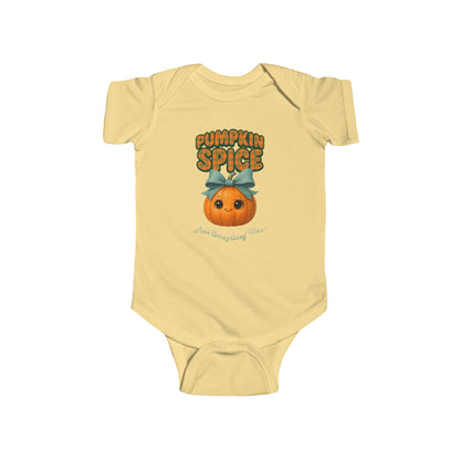 White baby onesie with pumpkin spice print – cozy fall outfit for newborns and toddlers.