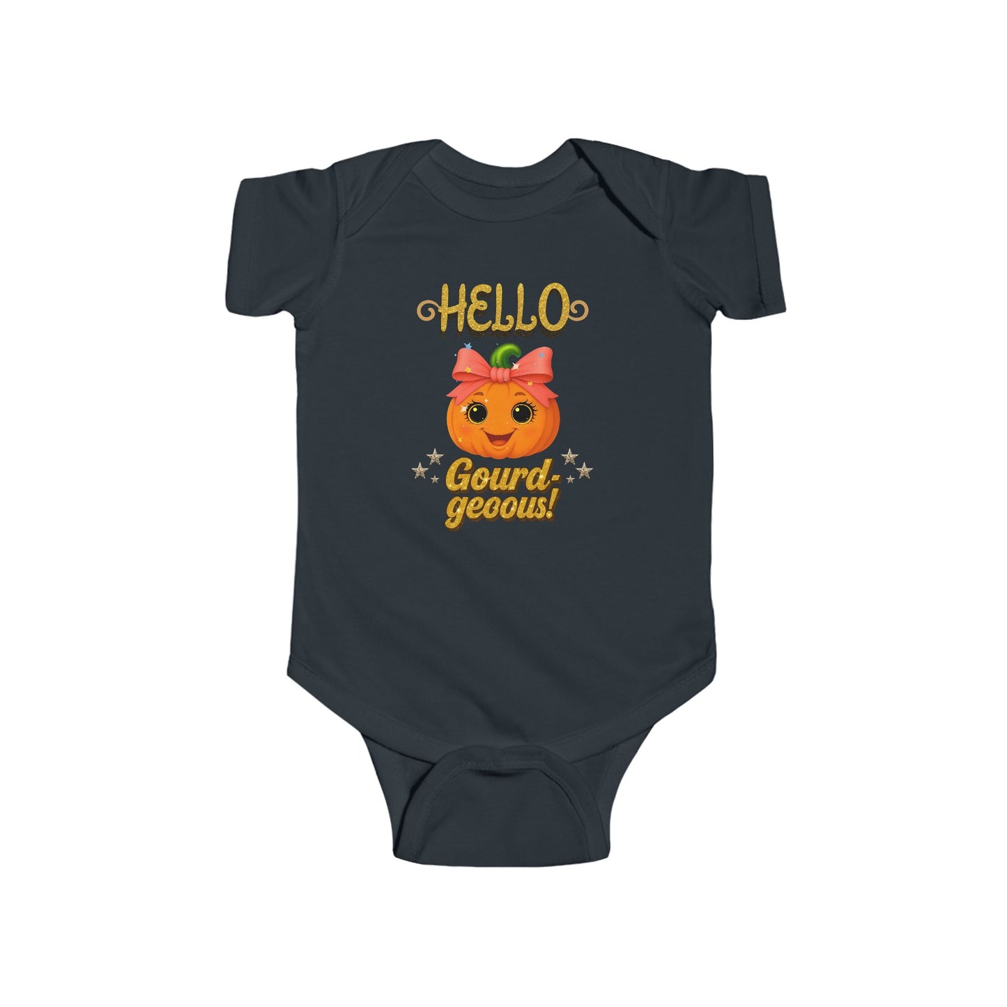 Infant onesie with pumpkin face design and bow – unisex fall outfit for babies.