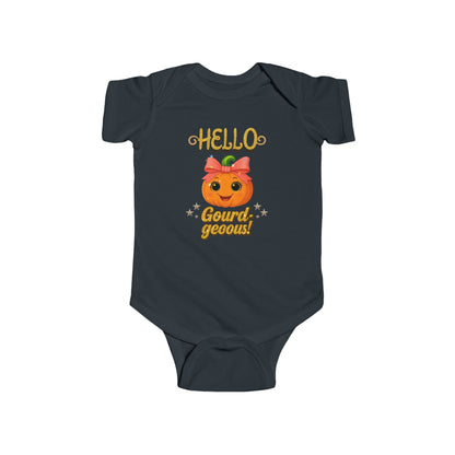 Infant onesie with pumpkin face design and bow – unisex fall outfit for babies.