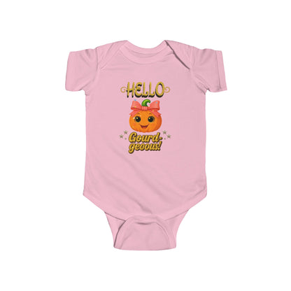 Hello Gourd-geous pumpkin baby outfit – cute fall themed clothing for newborn photoshoots.