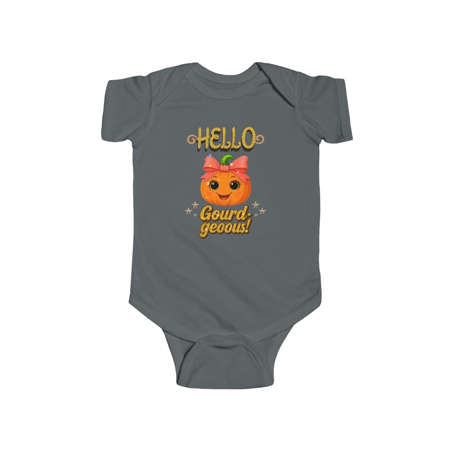Halloween baby onesie with pumpkin print and fun autumn text – cozy infant bodysuit.