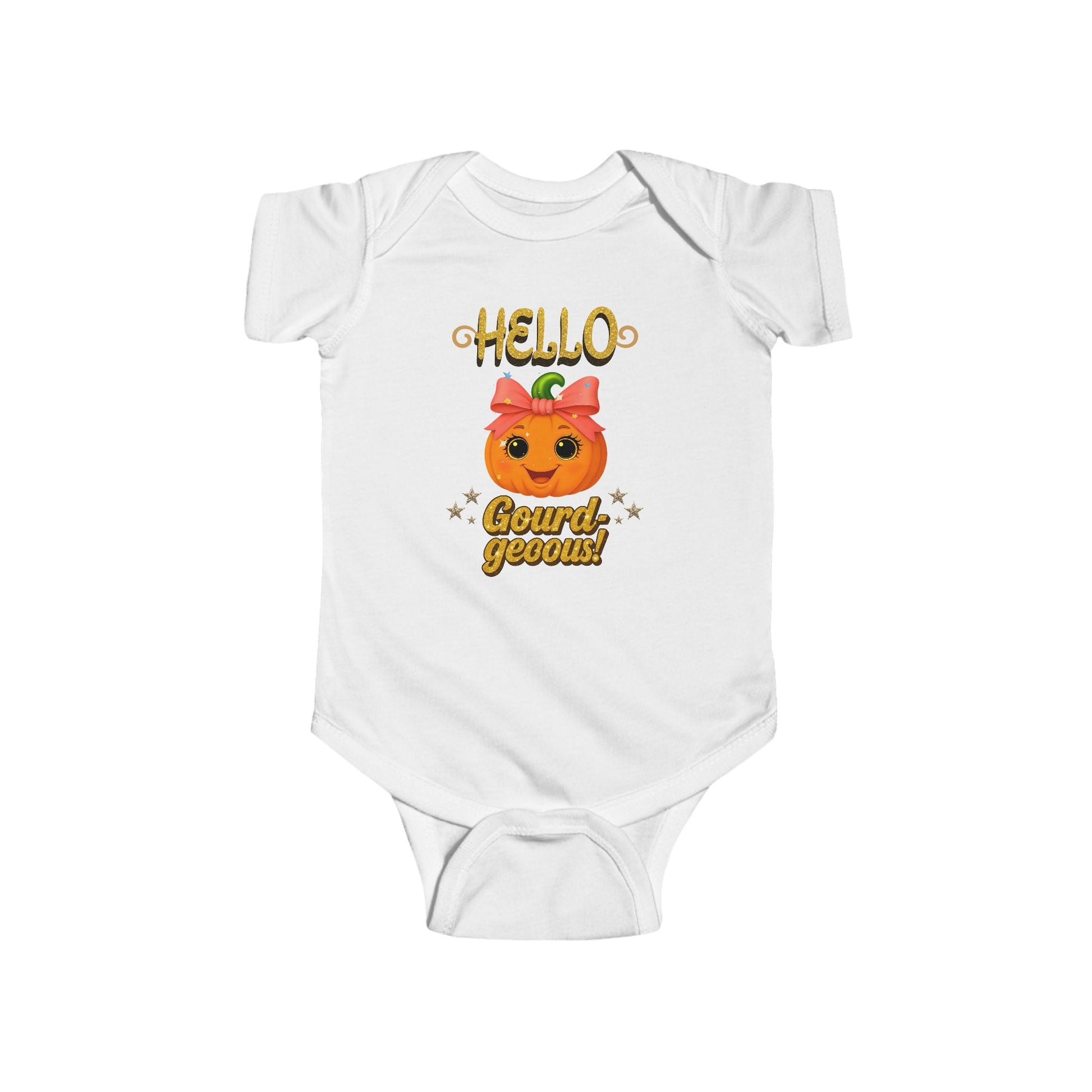 White baby bodysuit with smiling pumpkin graphic and pink bow – adorable autumn clothing.