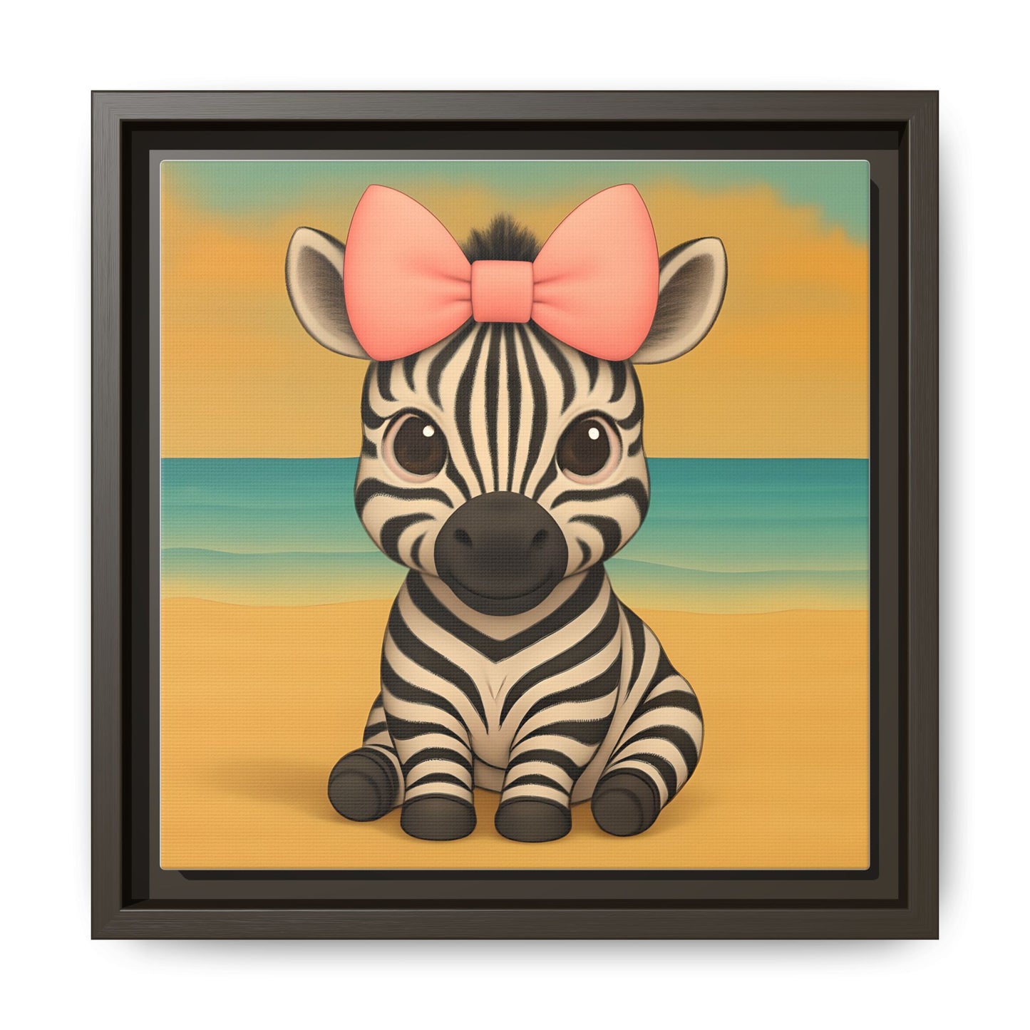 Adorable nursery decor print of cartoon zebra with oversized bow by the ocean, kids room artwork