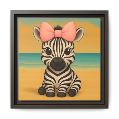 Adorable nursery decor print of cartoon zebra with oversized bow by the ocean, kids room artwork