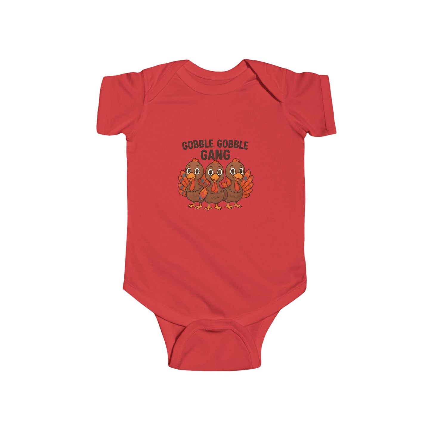 Warm autumn colored red baby onesie with a thanksgiving turkey design.