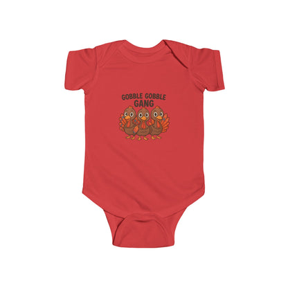 Warm autumn colored red baby onesie with a thanksgiving turkey design.