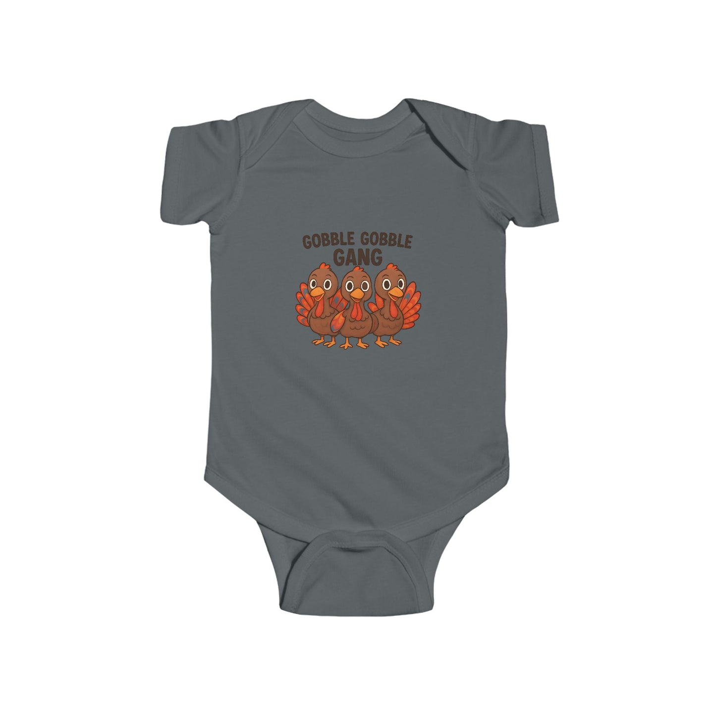 Charcoal gray baby autumn onesie with 'Gobble Gobble Gang' design on a white background.