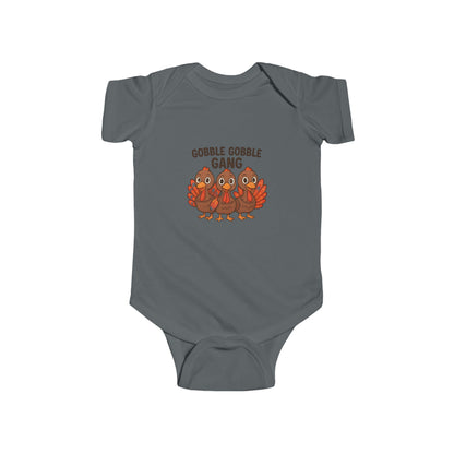 Charcoal gray baby autumn onesie with 'Gobble Gobble Gang' design on a white background.