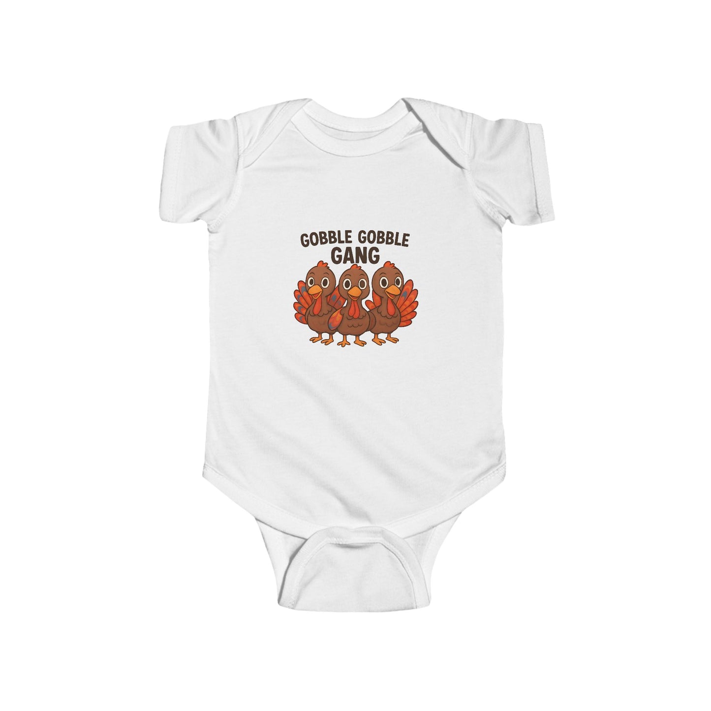 White baby thanksgiving onesie with 'Gobble Gobble Gang' text and turkey graphics on a white background.