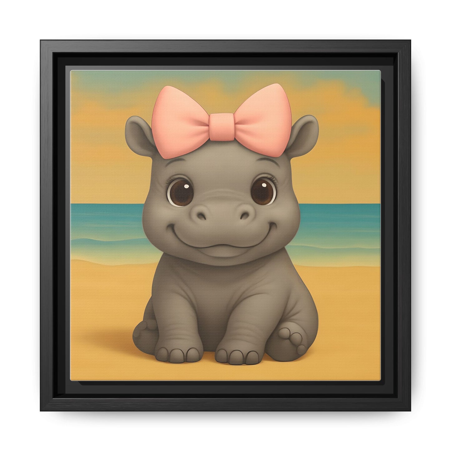 Baby hippo canvas print with pink bow for nursery wall decor