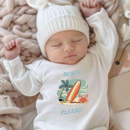 White long sleeve baby onesie with “Beach Please” surfboard design