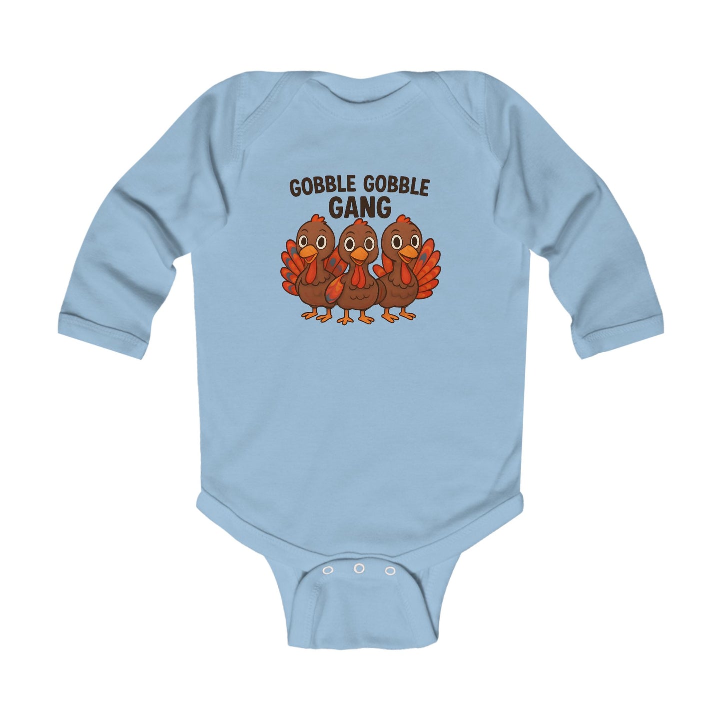 Blue baby’s first Thanksgiving romper with turkey graphic