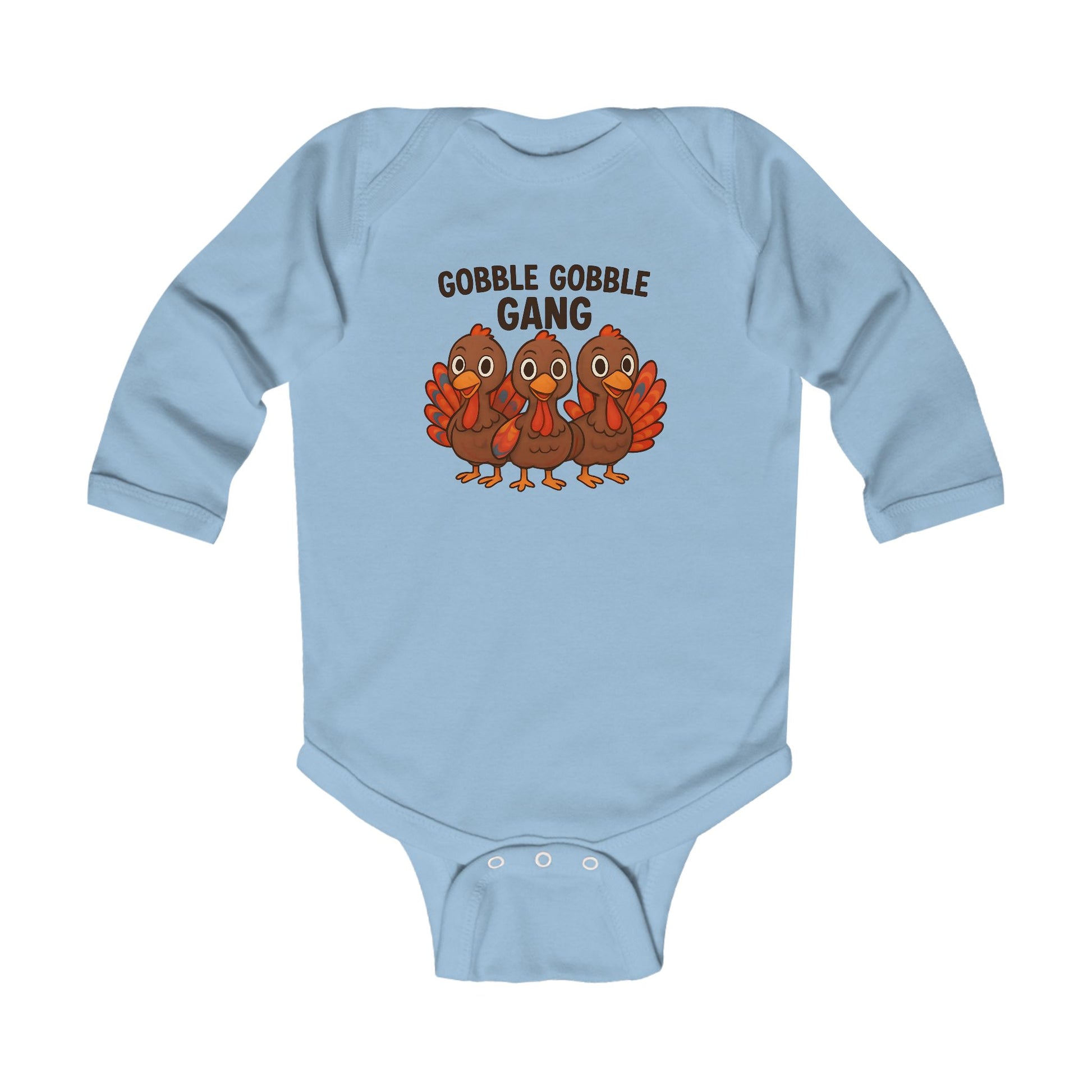 Blue baby’s first Thanksgiving romper with turkey graphic