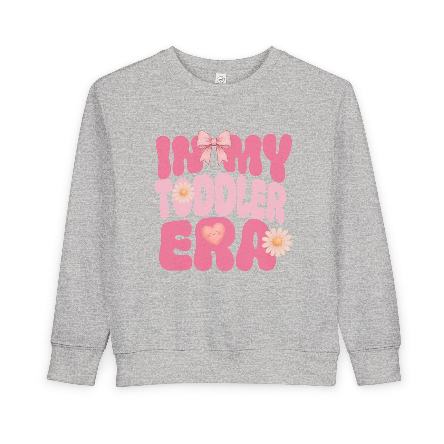 Gray toddler sweatshirt with pink “In My Toddler Era” text and bow design