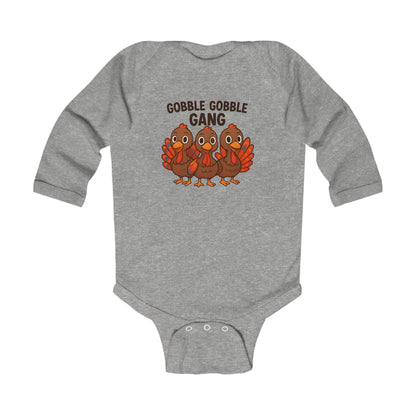 Fall holiday heather gray long sleeve turkey onesie bodysuit for babies