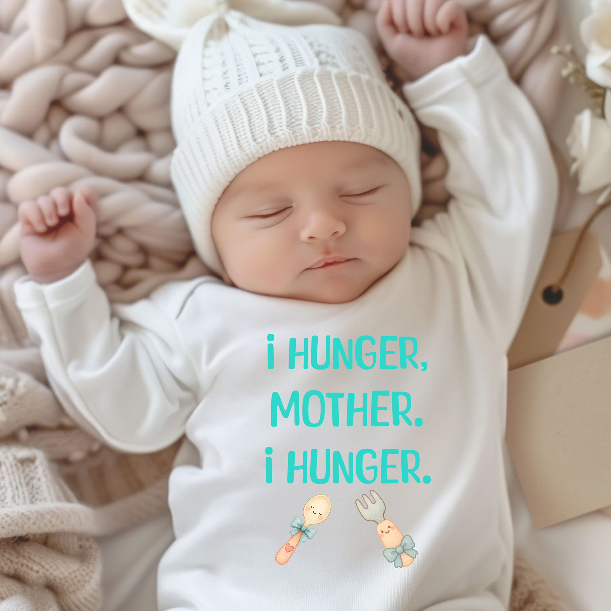 Baby wearing a white long sleeve onesie with 'I HUNGER, MOTHER. I HUNGER.' text and cartoon utensils, lying on a soft surface.