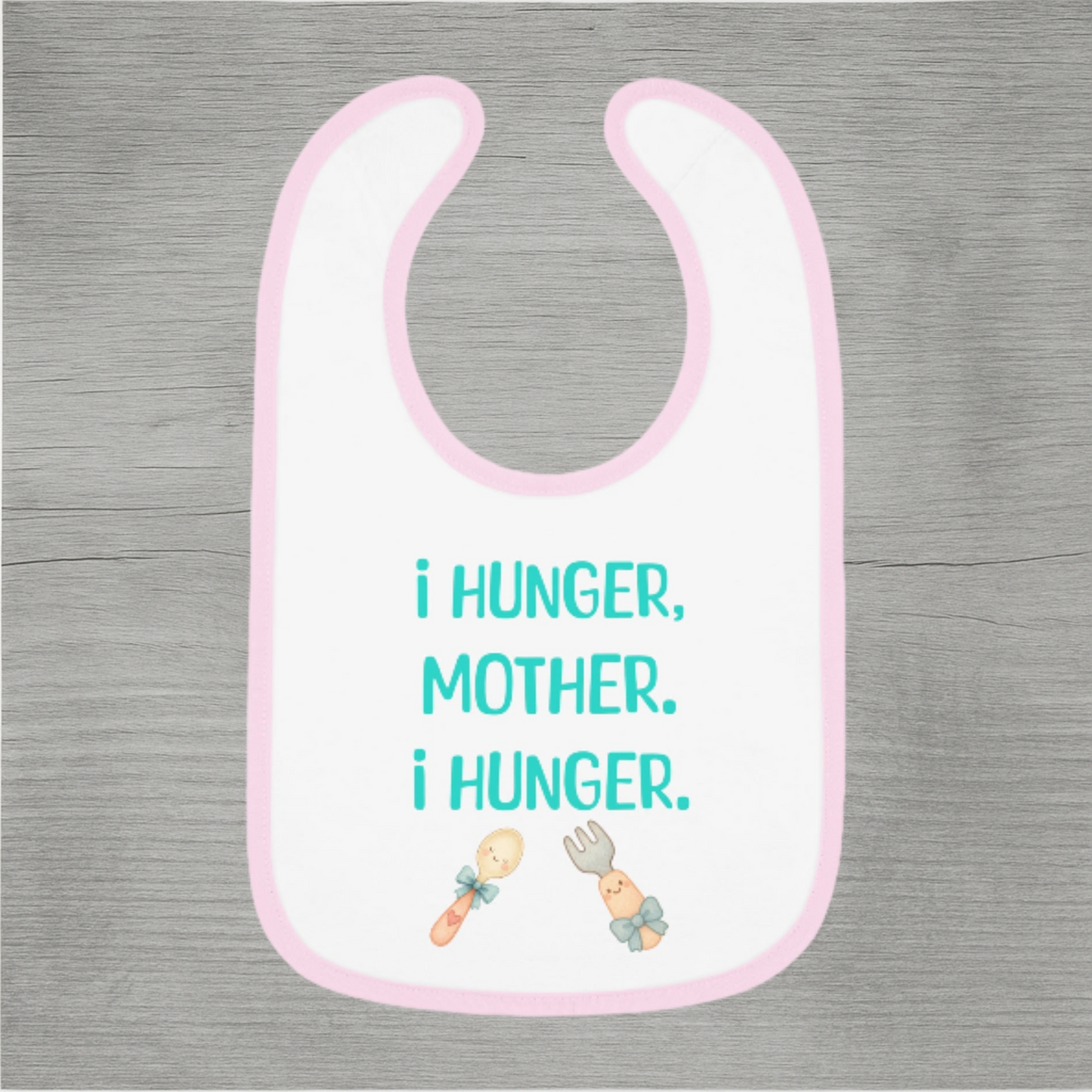 Humorous cotton baby bib for mealtime with sarcastic quote and pastel border, ideal for baby showers and new parents.