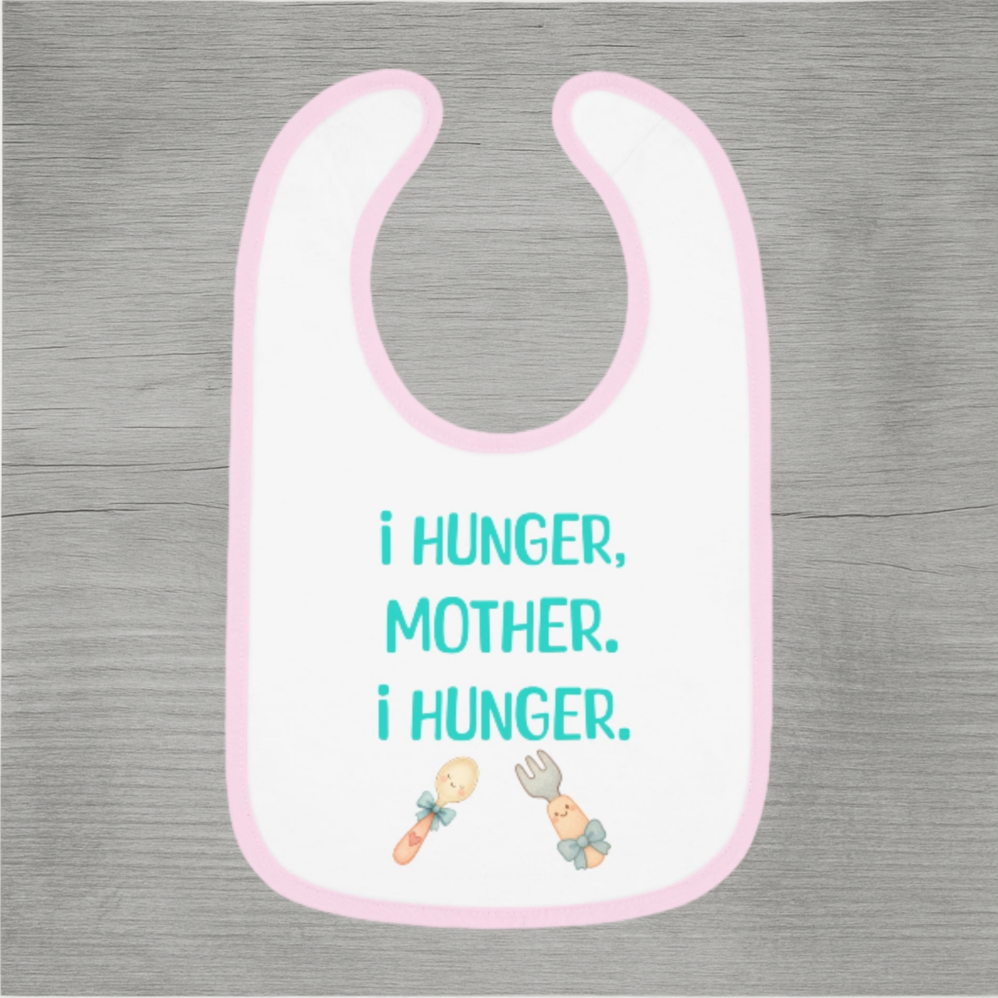 Humorous cotton baby bib for mealtime with sarcastic quote and pastel border, ideal for baby showers and new parents.