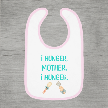 Humorous cotton baby bib for mealtime with sarcastic quote and pastel border, ideal for baby showers and new parents.