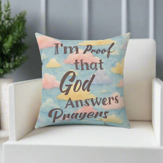 Personalized baby pillow with inspirational quote "I'm proof that God answers prayers" in pastel cloud design
