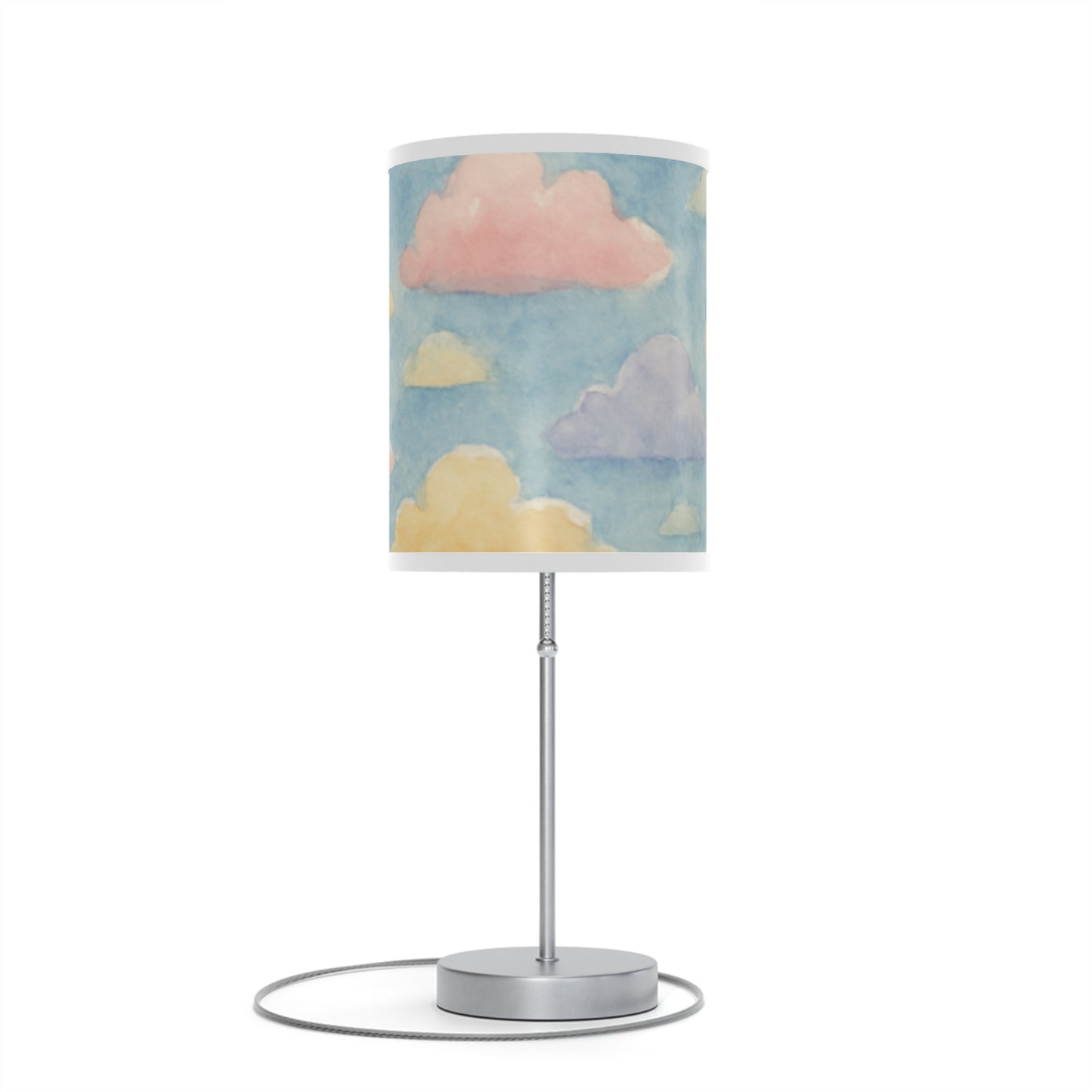 Pastel cloud print lamp shade on silver steel base
