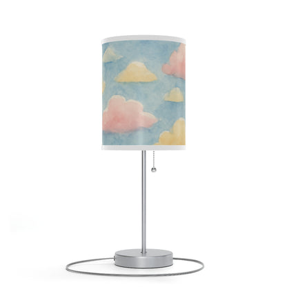 Rainbow cloud watercolor Table lamp with a cloud-patterned shade on a white background