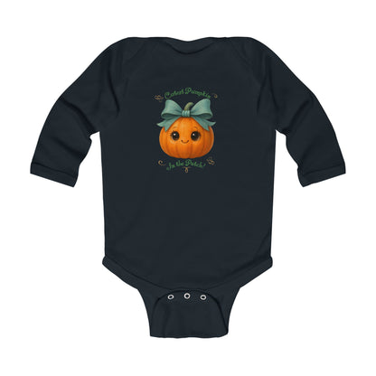 black cute pumpkin with a bow baby onesie perfect for fall and as a Pumpkin patch outfit