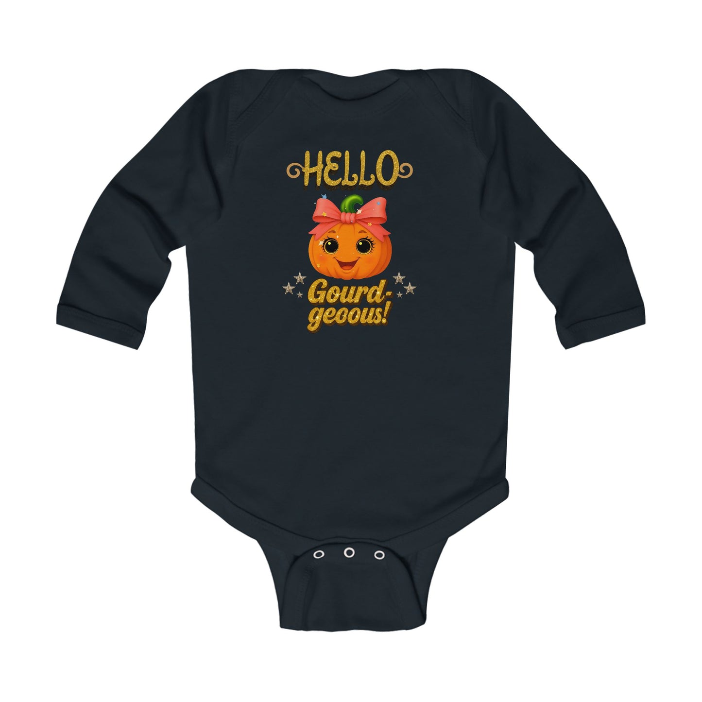 Black seasonal hello gourdgeous pumpkin baby onesie gift idea for fall and Halloween celebrations