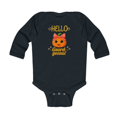 Black seasonal hello gourdgeous pumpkin baby onesie gift idea for fall and Halloween celebrations