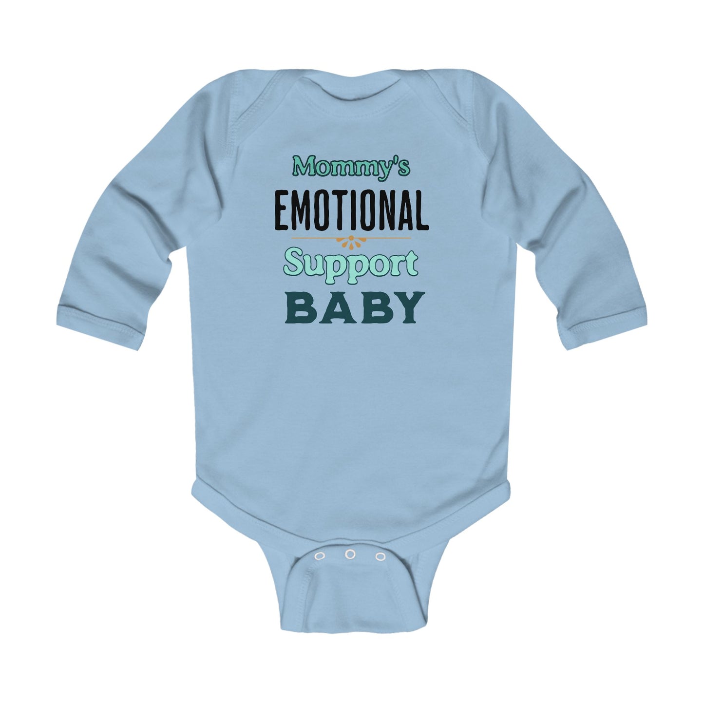 Cute blue baby clothes with “Mommys Emotional Support Baby” graphic