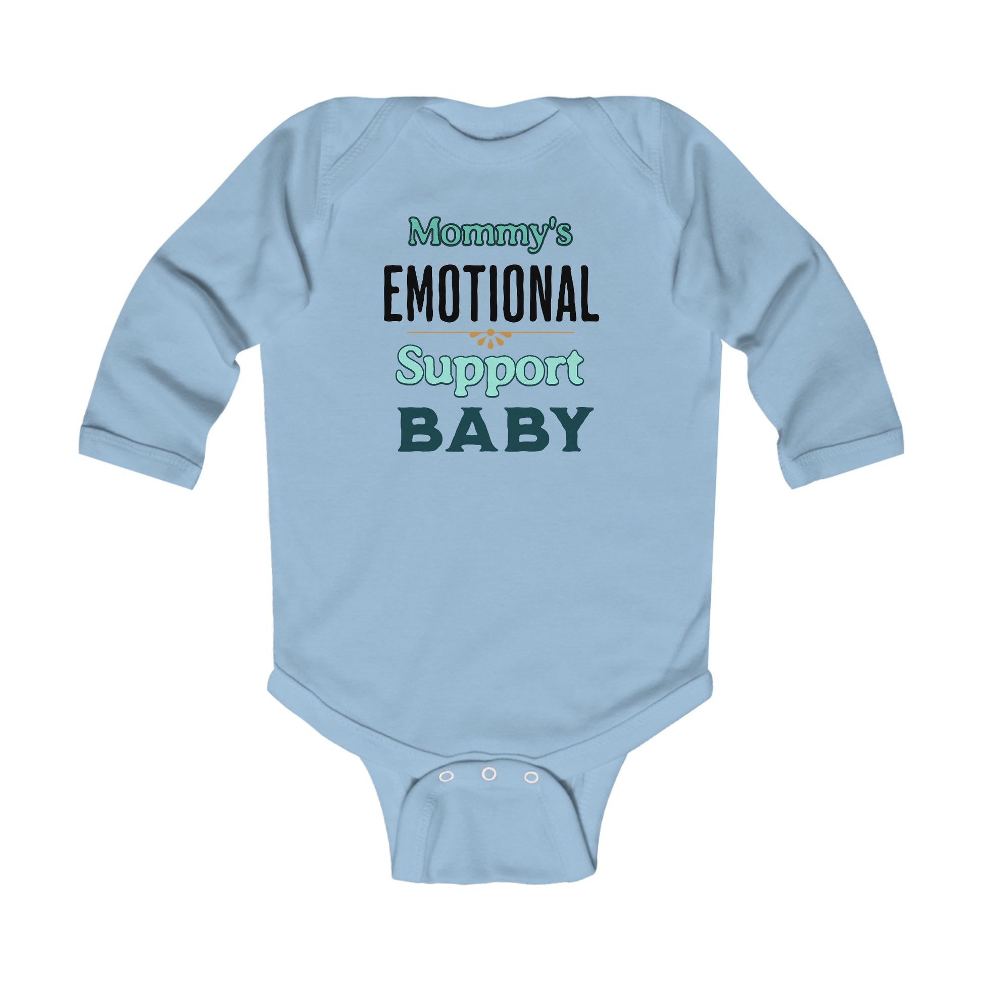 Cute blue baby clothes with “Mommys Emotional Support Baby” graphic