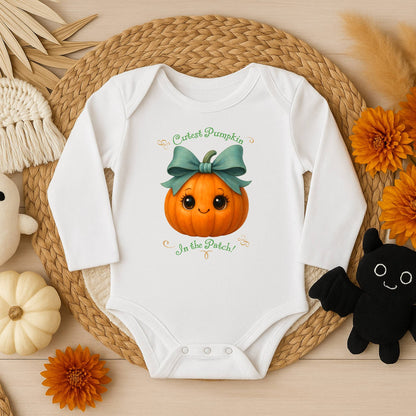White cutest pumpkin long sleeve baby onesie baby onesie with “Cutest Pumpkin in the Patch” design