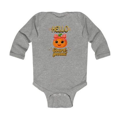 Soft gray cotton baby bodysuit with adorable pumpkin print for autumn photoshoots