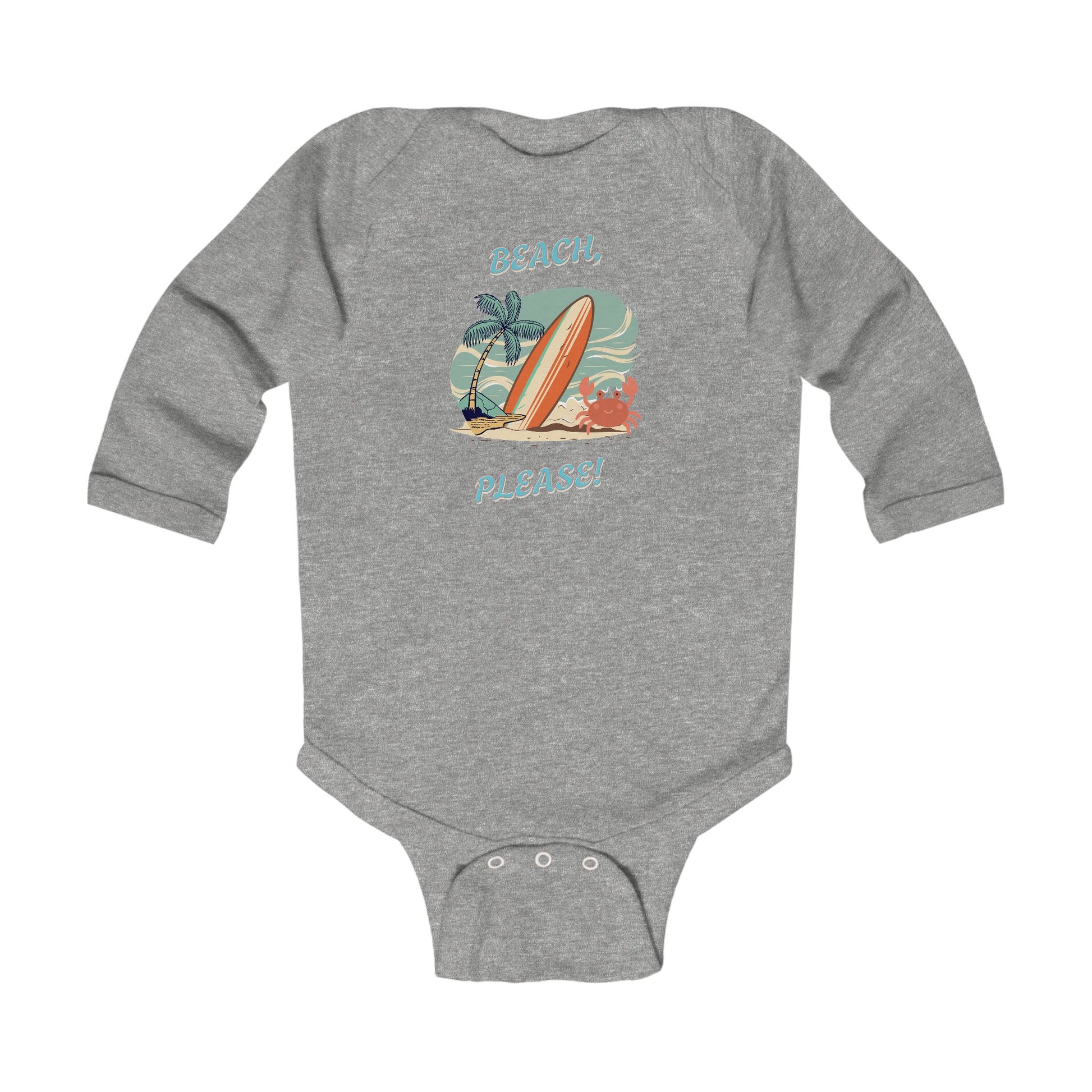 Heather gray onesie Retro style beach baby romper with surfboard print