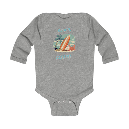 Heather gray onesie Retro style beach baby romper with surfboard print