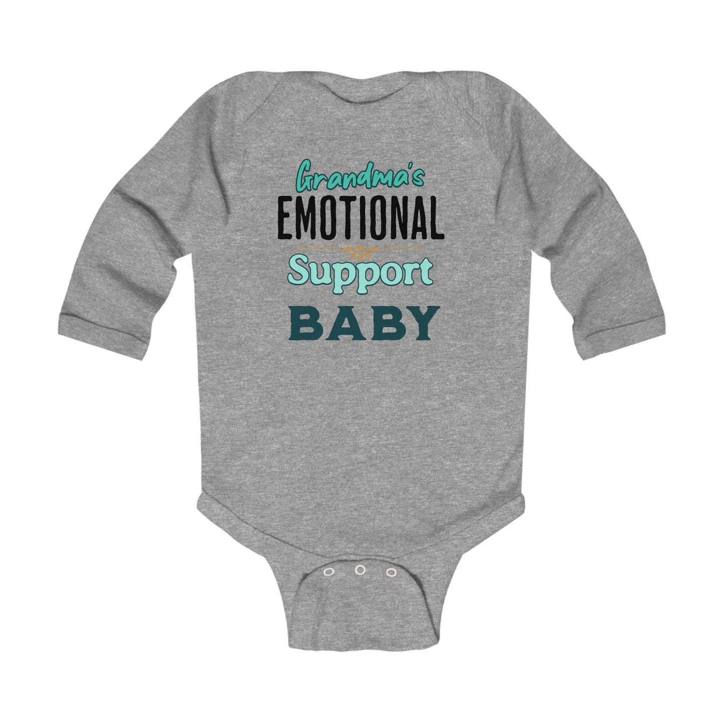 Gray long sleeve newborn onesie with the best playful message for baby and grandma