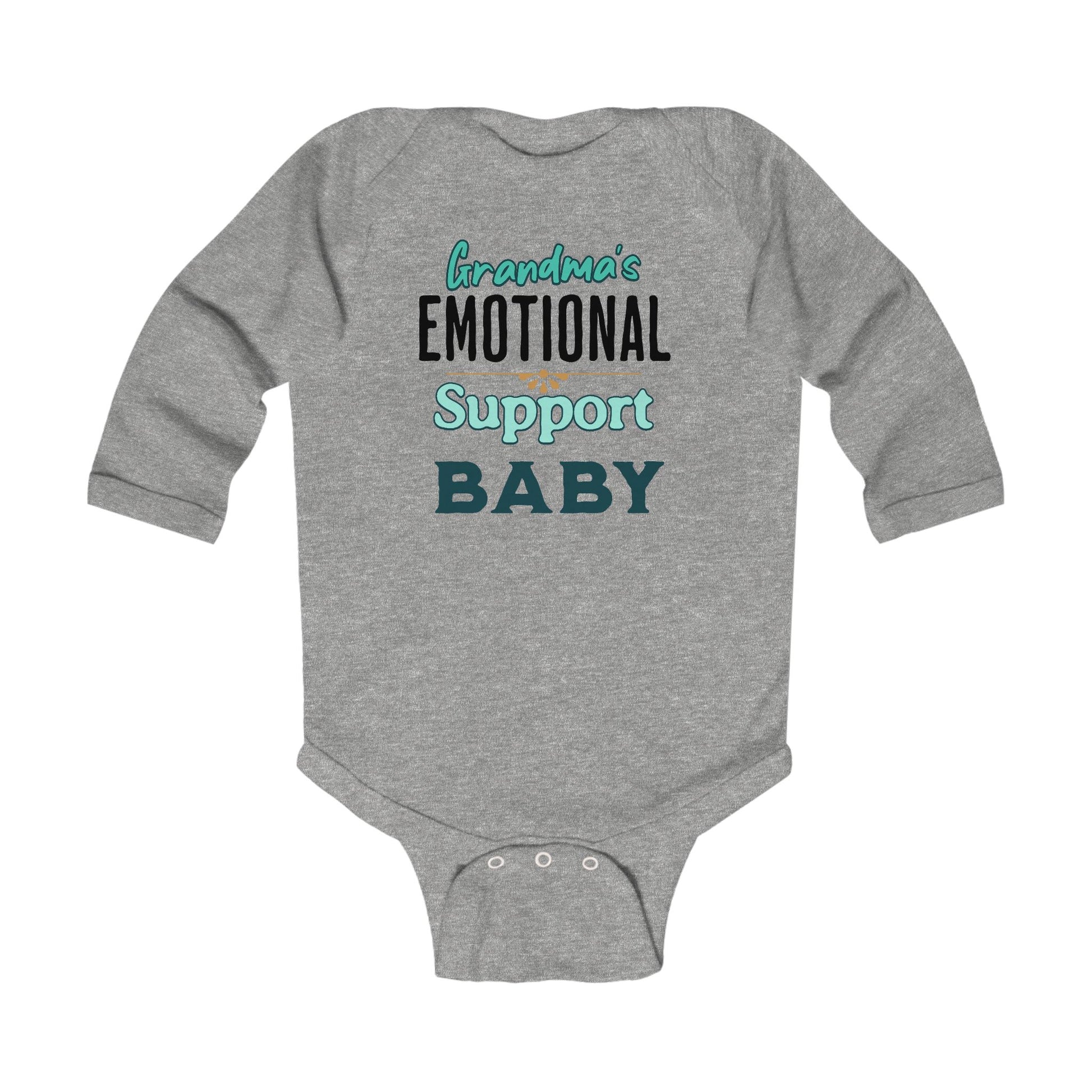 Gray long sleeve newborn onesie with the best playful message for baby and grandma