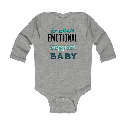 Gray long sleeve newborn onesie with the best playful message for baby and grandma