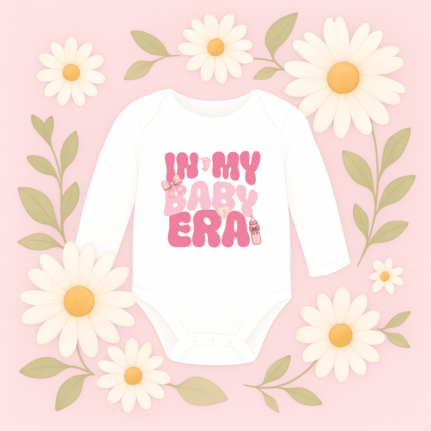 Cute baby shower gift bodysuit with girly bow, bottle, and floral design, trendy newborn clothing