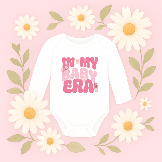 Cute baby shower gift bodysuit with girly bow, bottle, and floral design, trendy newborn clothing