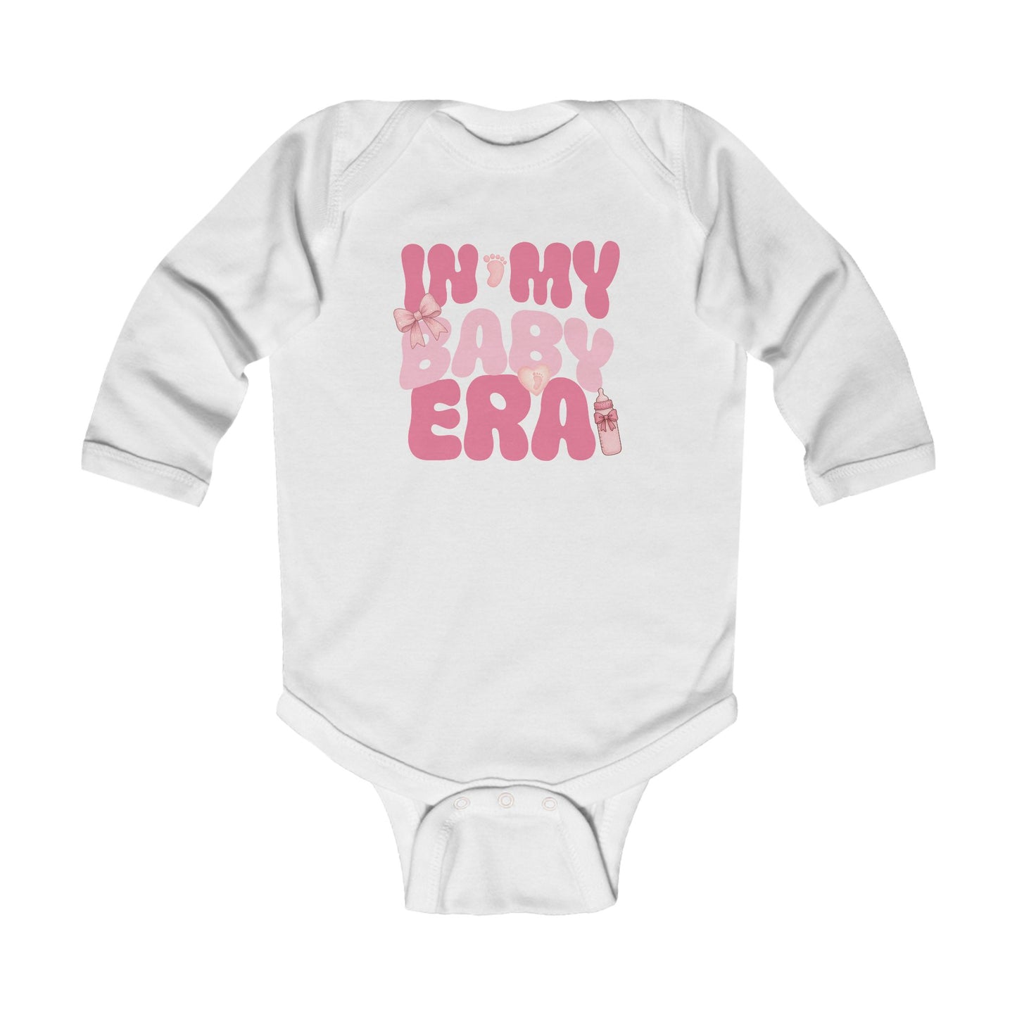 White long sleeve baby onesie with pink retro text ‘In My Baby Era’.
