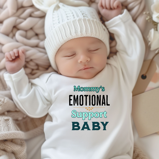 White onesie with “Mommy’s Emotional Support Baby” printed text
