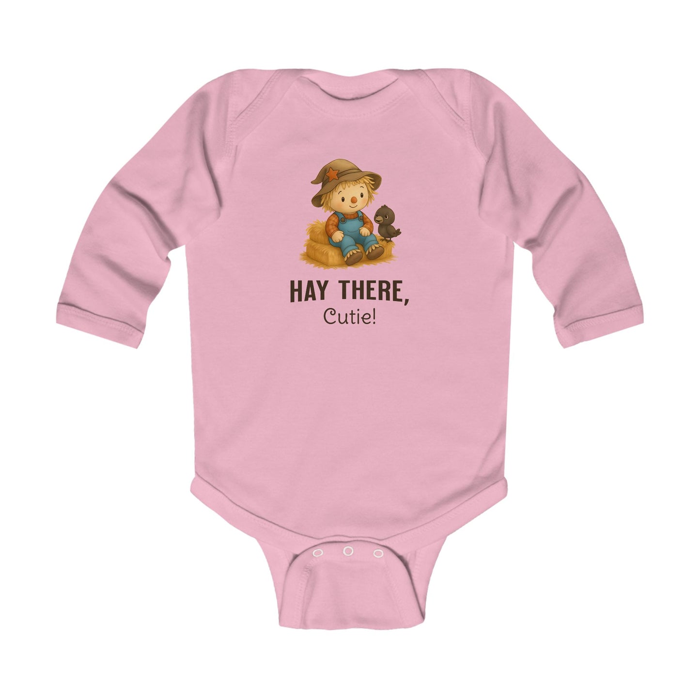 Cotton pink baby onesie fall design with hay bale and crow artwork