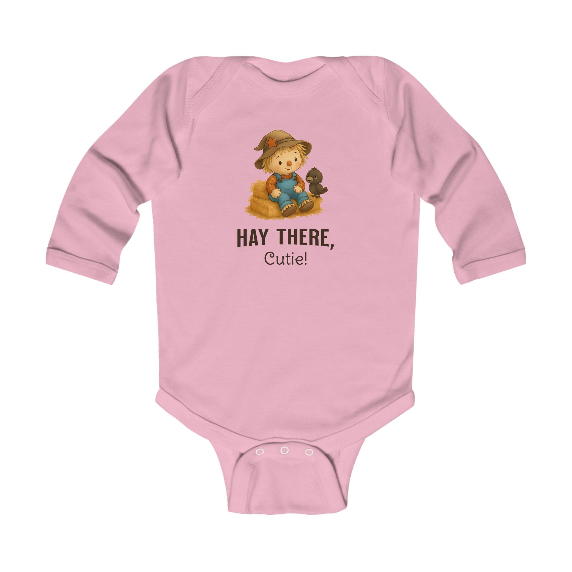 Cotton pink baby onesie fall design with hay bale and crow artwork